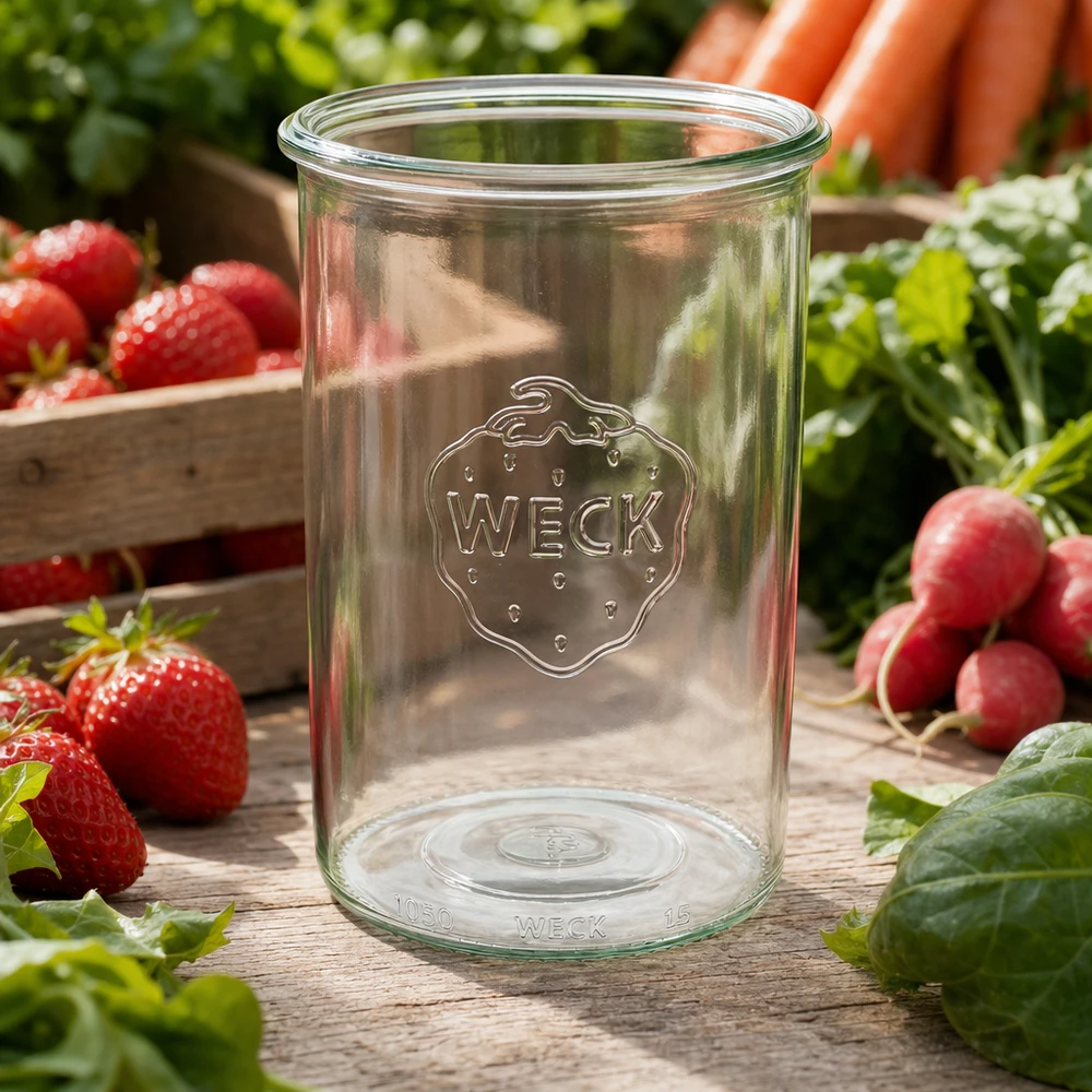 WECK Pot de 1000ml RR100 avec logo sur table en bois entouré de fraises fraîches, de radis et de légumes