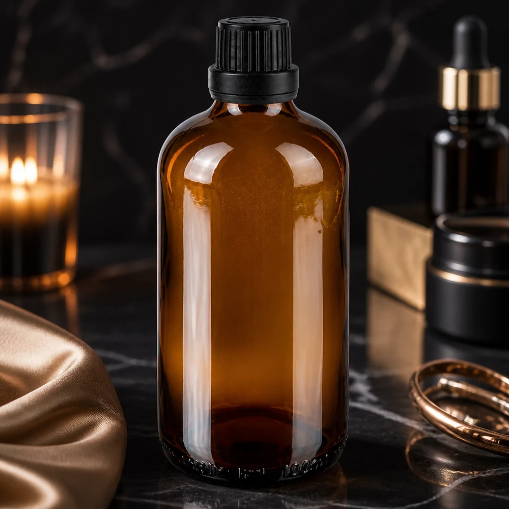 Flacon compte-gouttes de 100 ml en verre ambré avec un insert de 2 mm, à côté d'une bougie et d'accessoires dorés