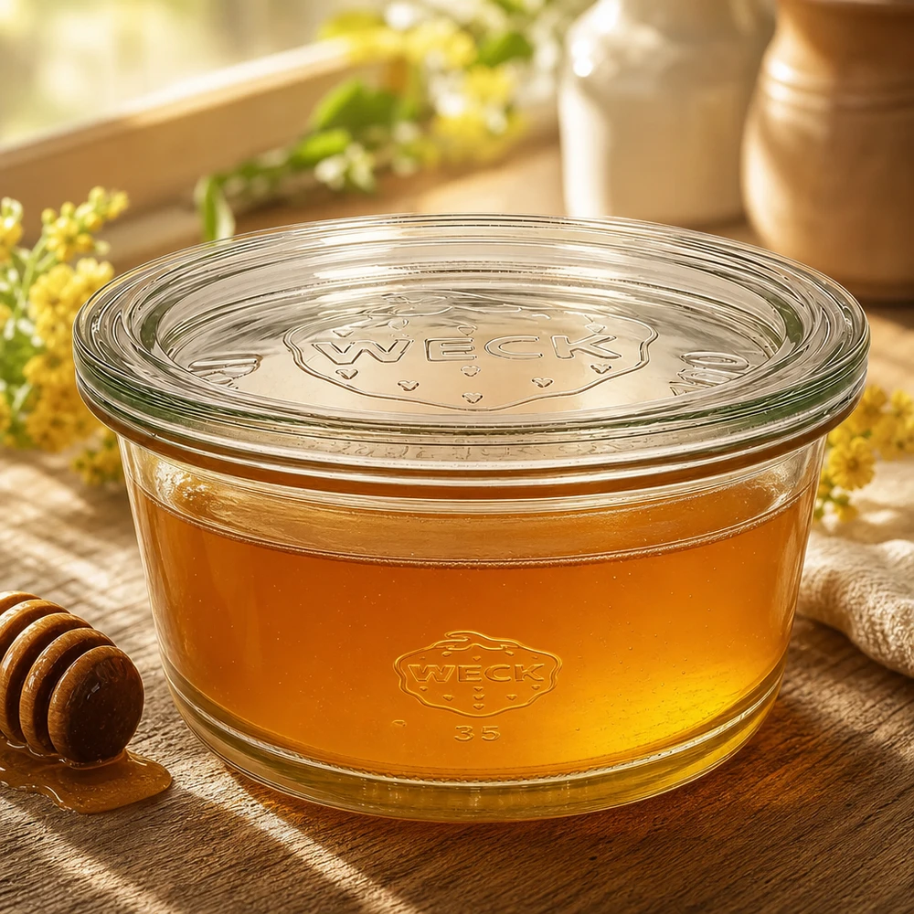 WECK RR120 Pot gourmand 450ml rempli de miel à côté de cuillères à miel et de fleurs sauvages dans un décor de cuisine chaleureux