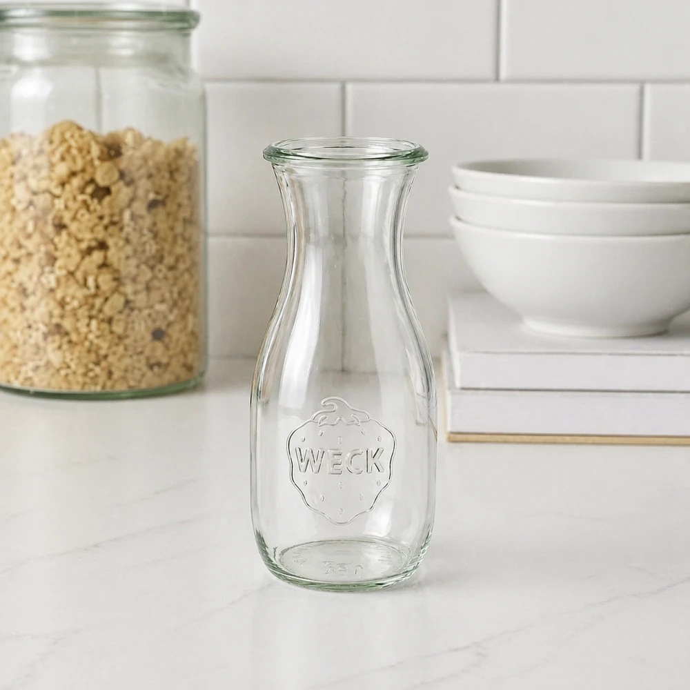 Bouteille de jus de fruits vide WECK 530ml RR60 avec gaufrage fraise dans une cuisine blanche moderne à côté de bocaux à provisions et de coupes