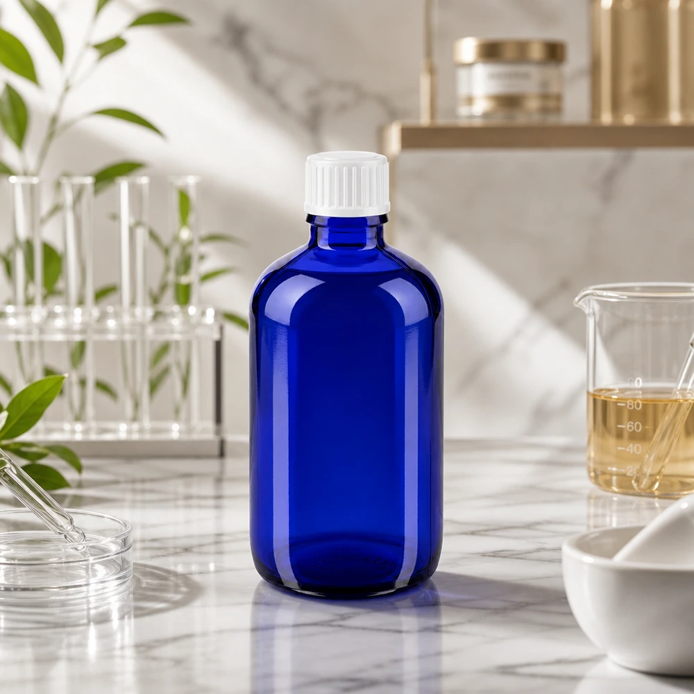 Flacon en verre bleu de pharmacie de 100 ml avec un bouchon à vis blanc, parmi du matériel de laboratoire en verre