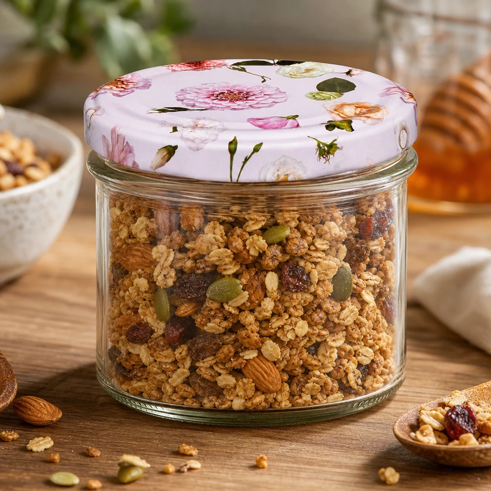 Pot en verre de 225 ml + couvercle BasicSeal rose UN... Müsli Granola dans un bocal de 225 ml avec couvercle à fleurs roses - conservation polyvalente pour aliments et snacks
