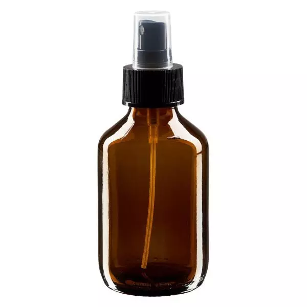 Flacon médical norme européenne de 150 ml avec spray noir GCMI 28/410 et couvercle transparent, standard Flacon médical norme européenne de 150 ml avec spray noir GCMI 28/410 et couvercle transparent, standard