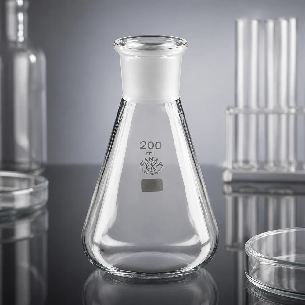 Erlenmeyer 200 ml col étroit, verre borosilicate avec rodage normalisé 29/32 Erlenmeyer 200 ml col étroit, verre borosilicate avec rodage normalisé 29/32