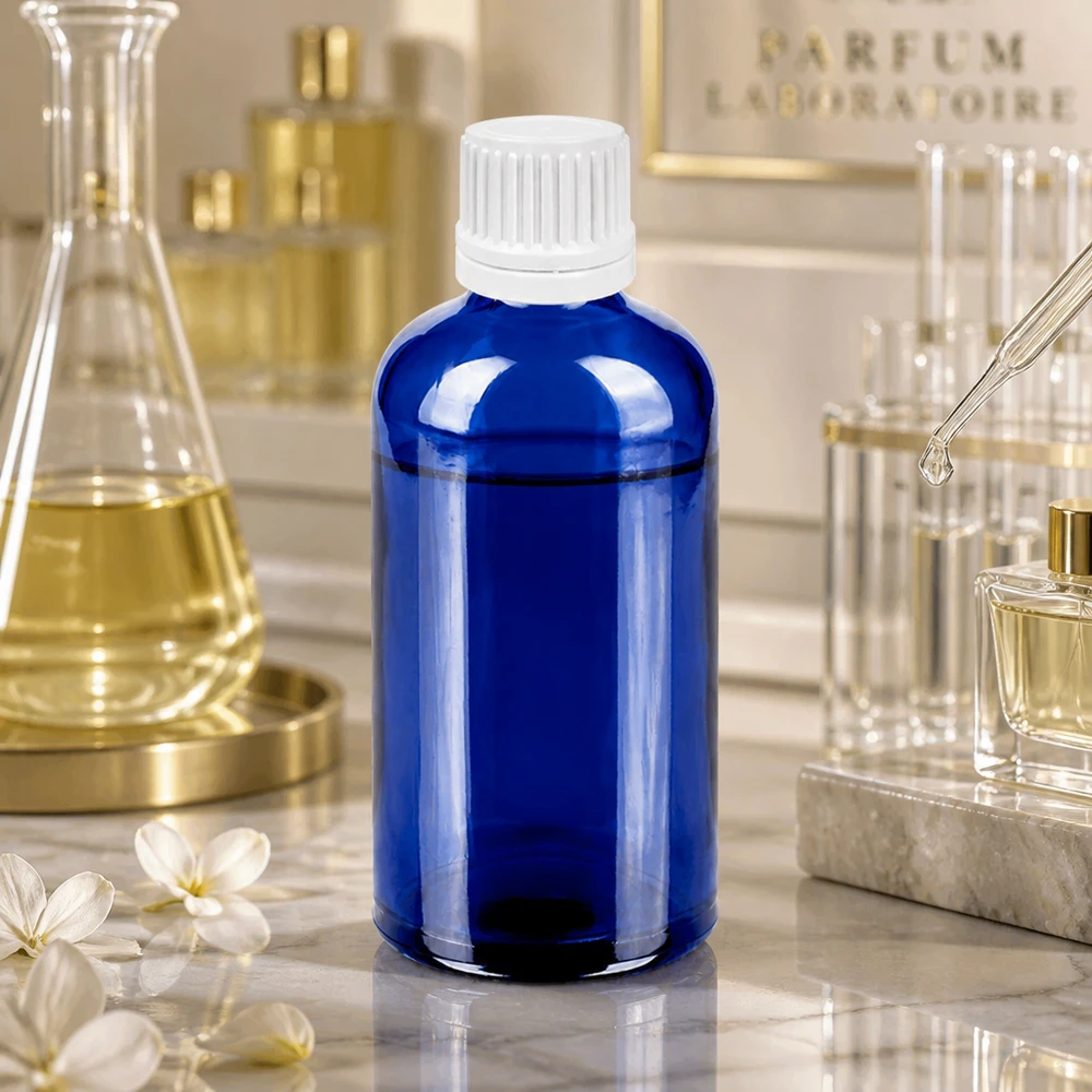 100ml flacon compte-gouttes 0.7mm blanc OV BlueLine UT18/100 Flacon de laboratoire professionnel de 100 ml en bleu cobalt avec bouchon compte-gouttes précis pour une application exacte