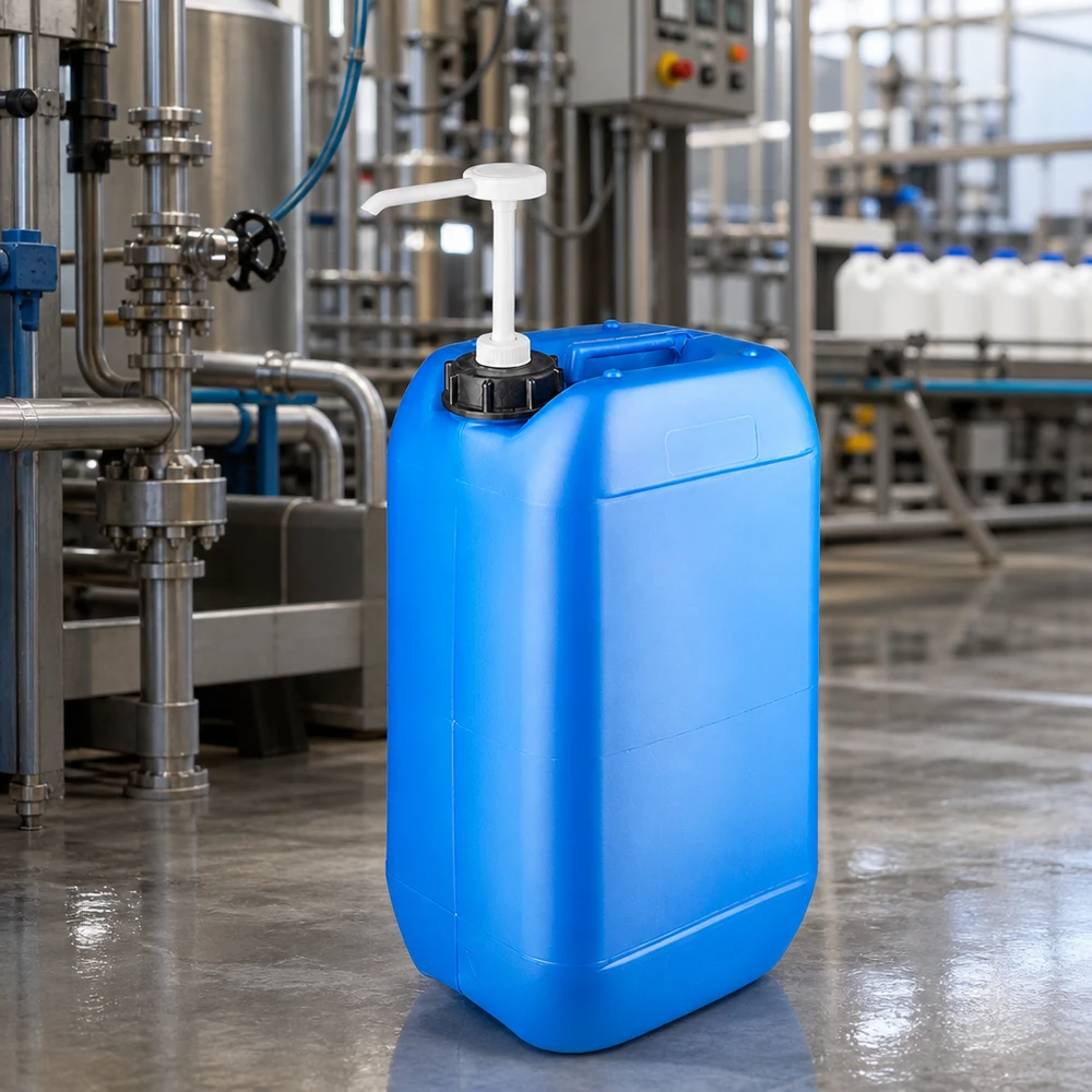Récipient portable pour liquides de 15 litres, bleu, muni d'une pompe blanche, posé sur le sol en béton d'une usine