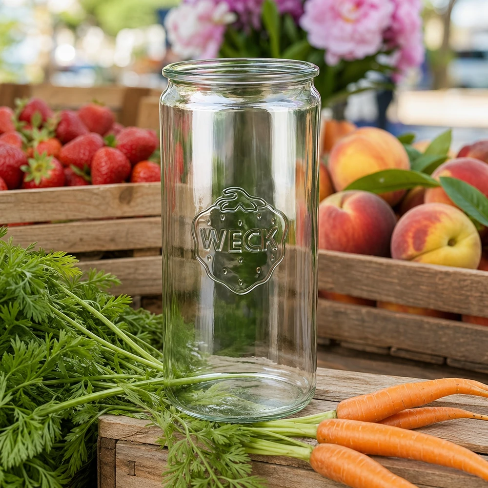WECK Pot cylindrique 1040ml RR80 dans une atmosphère rustique de ferme avec des carottes et des herbes fraîches