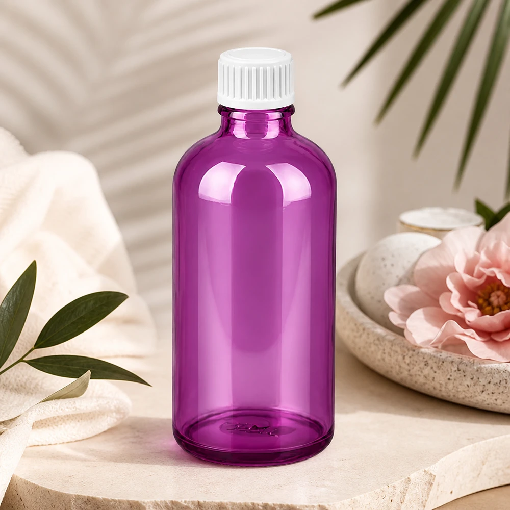 Flacon 100ml (globules) 3mm bague de coulée blanche standard PurpleLine. UT18/100 Bouteille Premium 100ml en verre pourpre avec standard UT18 pour les substances sensibles à la lumière