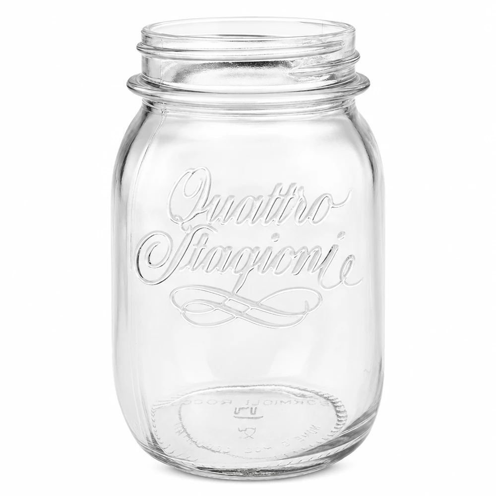 Pot à conserves Quattro Stagioni 500ml en verre transparent avec logo en relief sans couvercle sur fond blanc