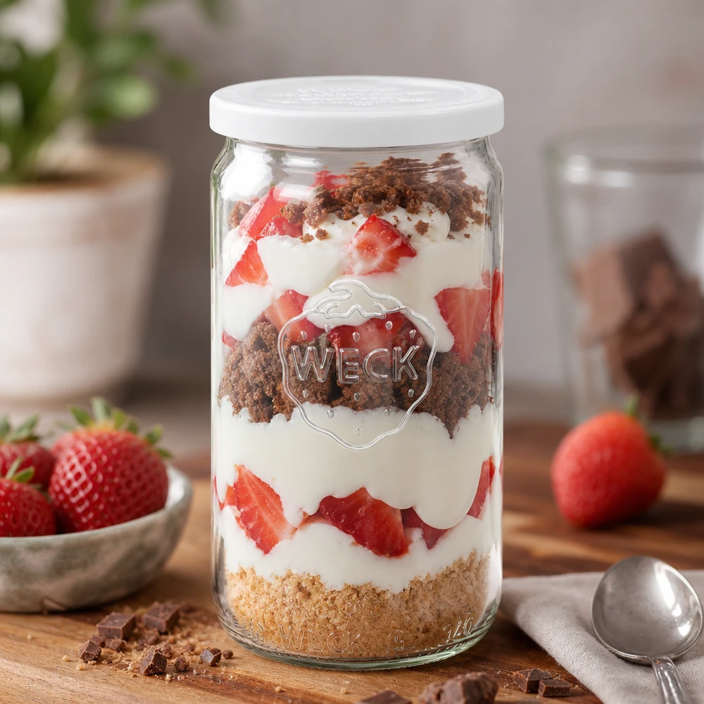 WECK Verre cylindrique 340ml comme verre à dessert avec des fraises et de la crème dessert en couches décoratives
