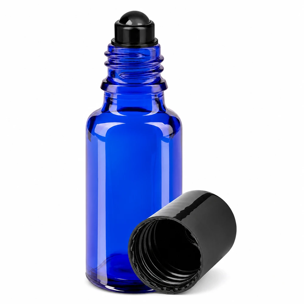 Flacon de déodorant en verre bleu 20 ml, déo à bille vide Flacon en verre bleu cobalt de 20 ml avec applicateur à bille noir pour huiles essentielles et parfums