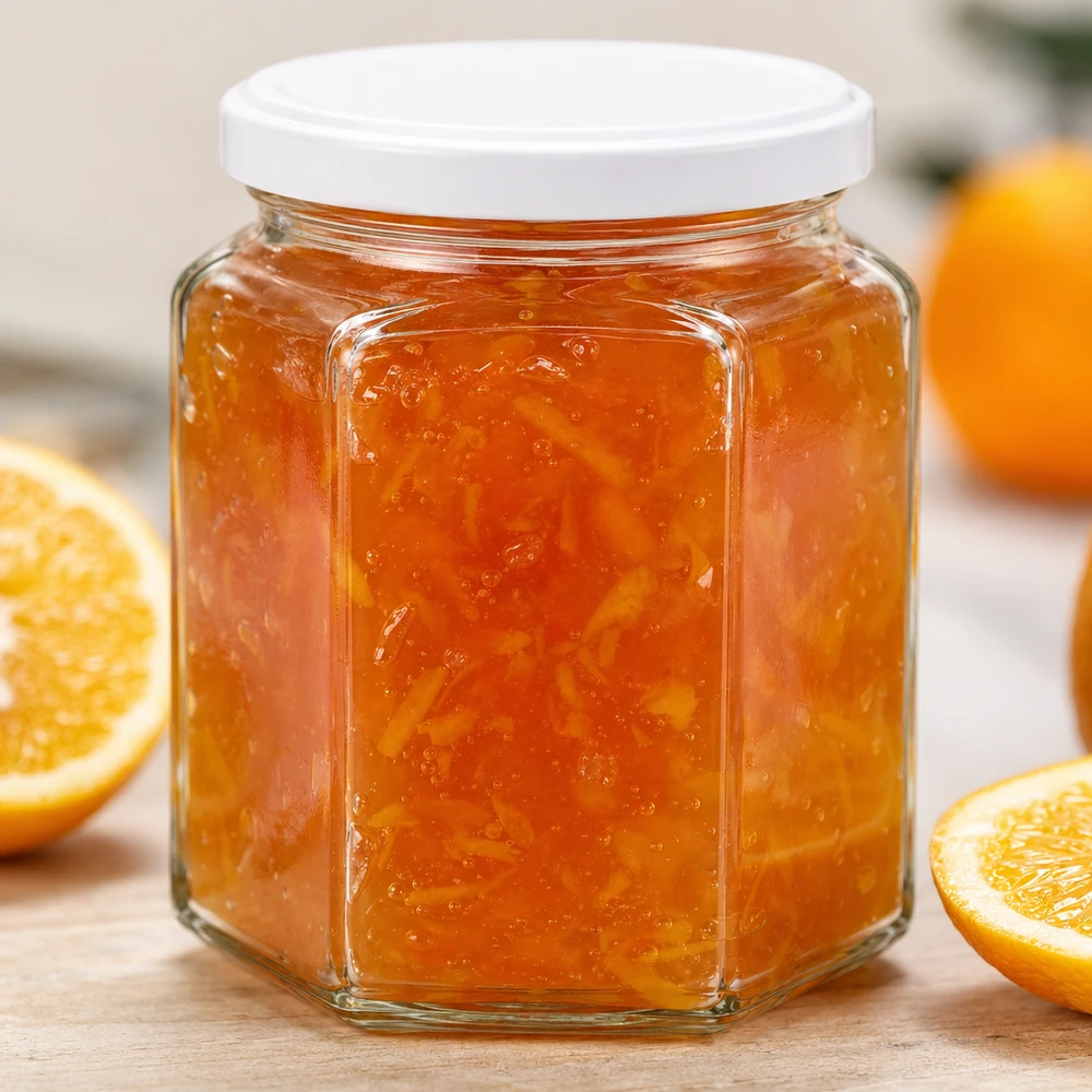 Pot de miel hexagonal de 400g rempli de marmelade d'orange montre la qualité du verre et le scellage du couvercle en détail