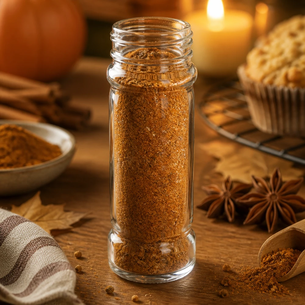 Pot à épices de forme cylindrique 100 ml avec filetage 41 mm, en verre clair sans couvercle Petit bocal en verre transparent « Mary » de 41 mm de diamètre, contenant un mélange d'épices d'automne, dans une ambiance chaleureuse de cuisine
