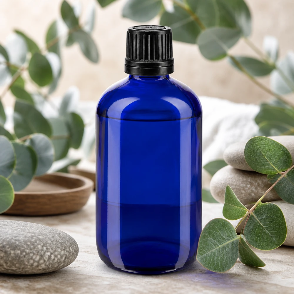 Flacon en verre de pharmacie bleu de 100 ml avec bouchon compte-gouttes de 8 mm, pour les cosmétiques naturels et les huiles