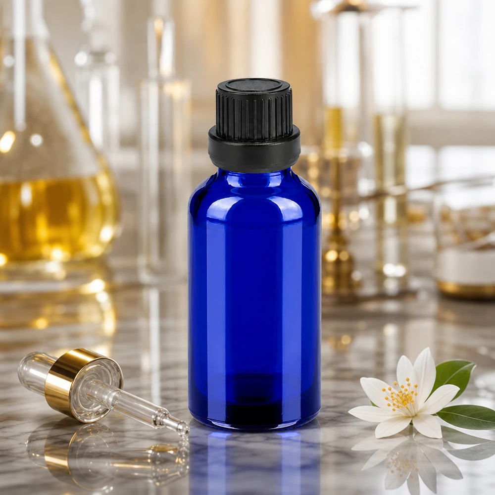 Flacon 30ml 11mm SV noir OV BlueLine UT18/30 protection contre la lumière grâce à un flacon en verre bleu cobalt de 30 ml avec bouchon d'inviolabilité noir