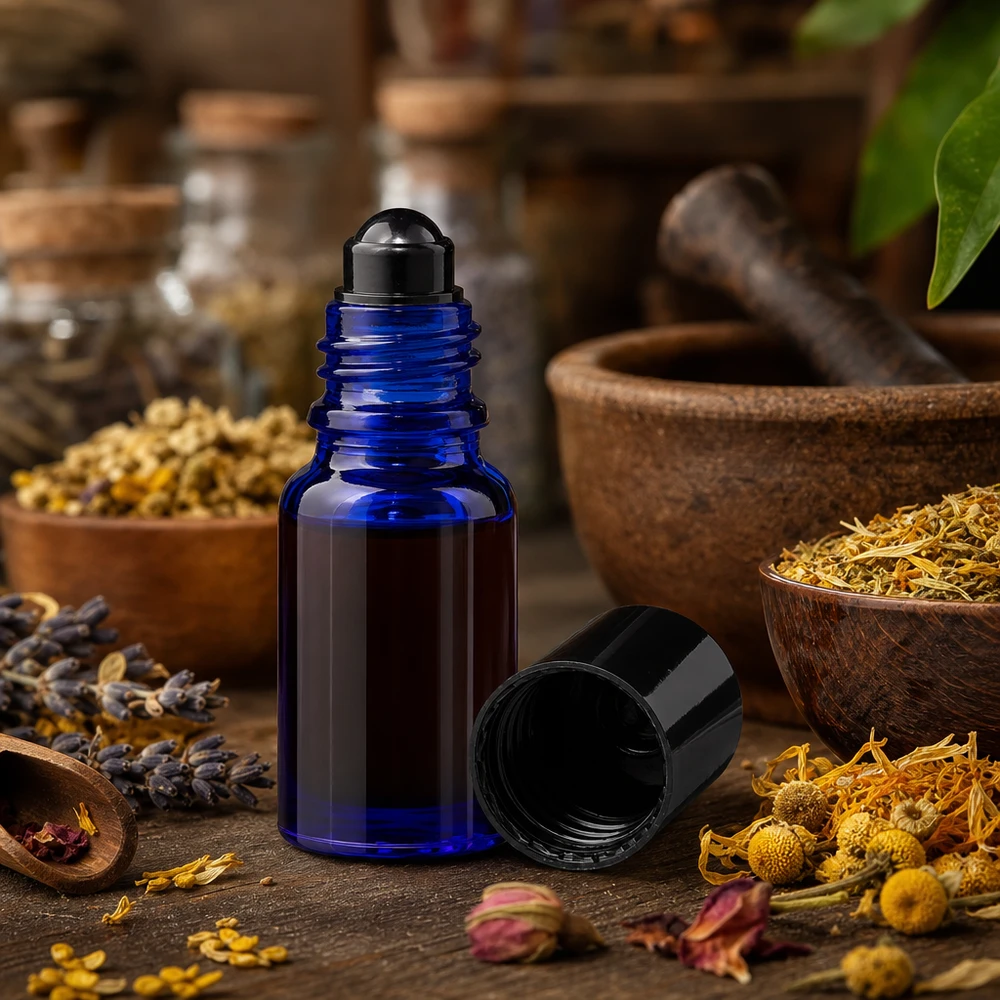 Flacon de déodorant en verre bleu 10 ml, déo à bille vide Flacon roll-on bleu cobalt de 10 ml, posé sur une table en bois, entre de la camomille, de la lavande et des herbes médicinales