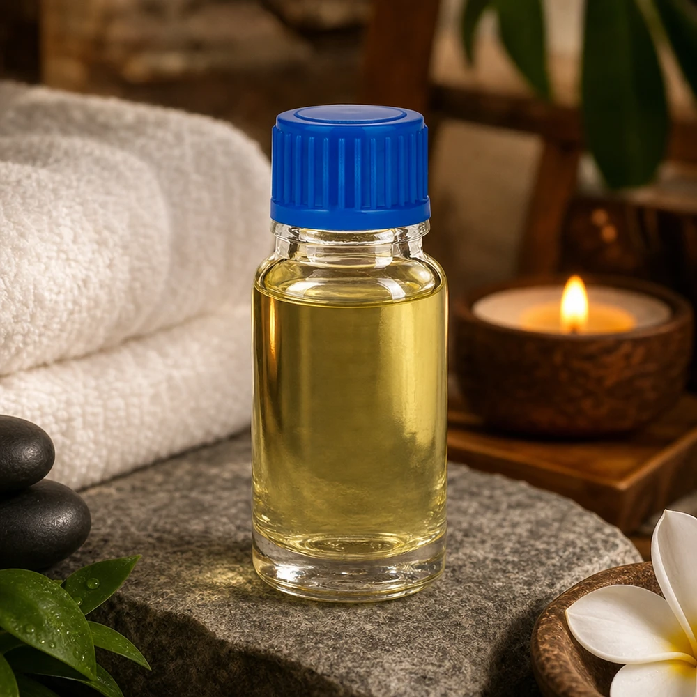 Flacon en verre transparent de 10 ml ClearLine UT18/10 avec bouchon bleu, posé sur une pierre naturelle accompagnée de pierres de massage et d'une bougie