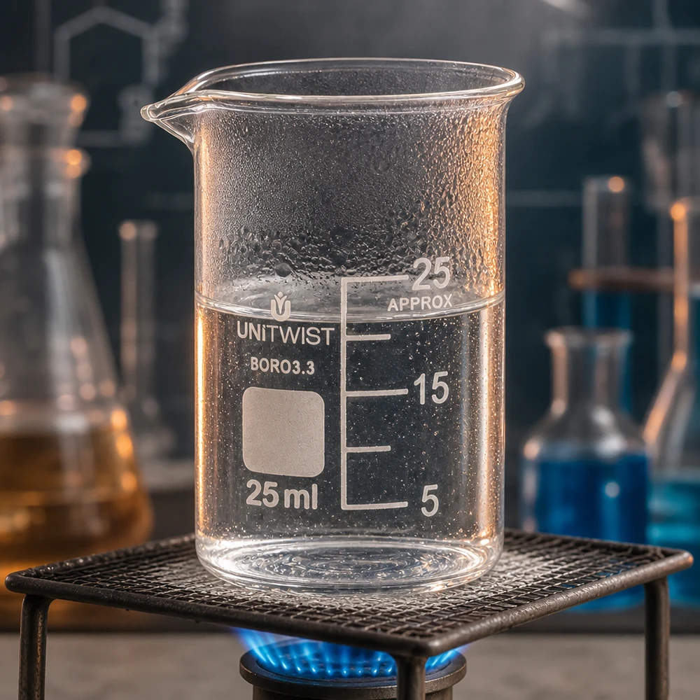 Bécher 25ml borosilicate, forme basse UNiTWIST UNiTWIST, verre becher de 25 ml, forme basse, avec graduation 5, 15, 25 ml, à réchauffer sur un filet triangulaire en argile