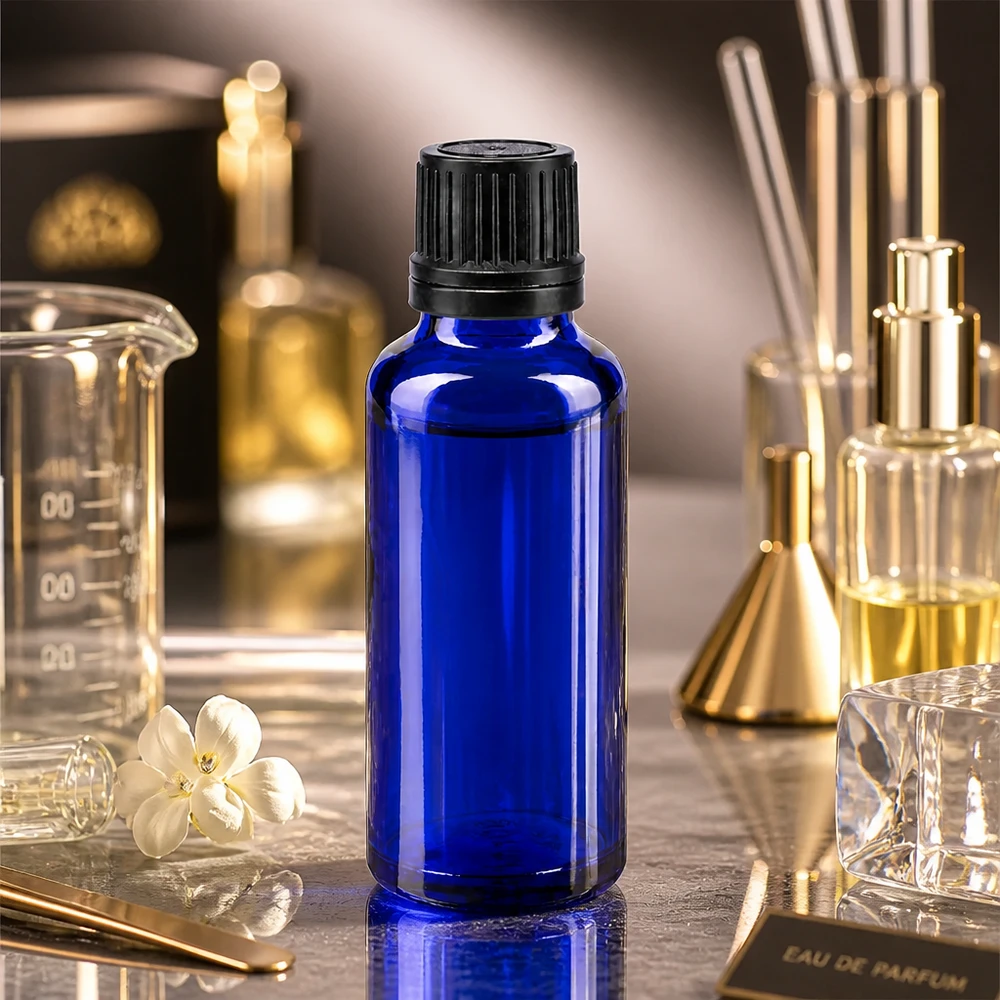 Flacon opacisé de 30 ml, bleu cobalt, avec bouchon compte-gouttes à sécurité enfant pour huiles essentielles