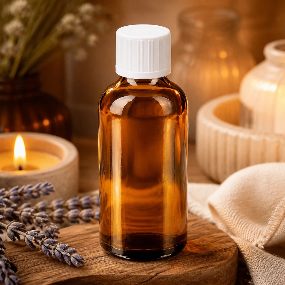 Flacon 50ml 11mm SV w. STD KiSi BrownLine UT18/50 Bouteille en verre de 50 ml de couleur ambre chaude avec bouchon blanc pour spa et centre de bien-être