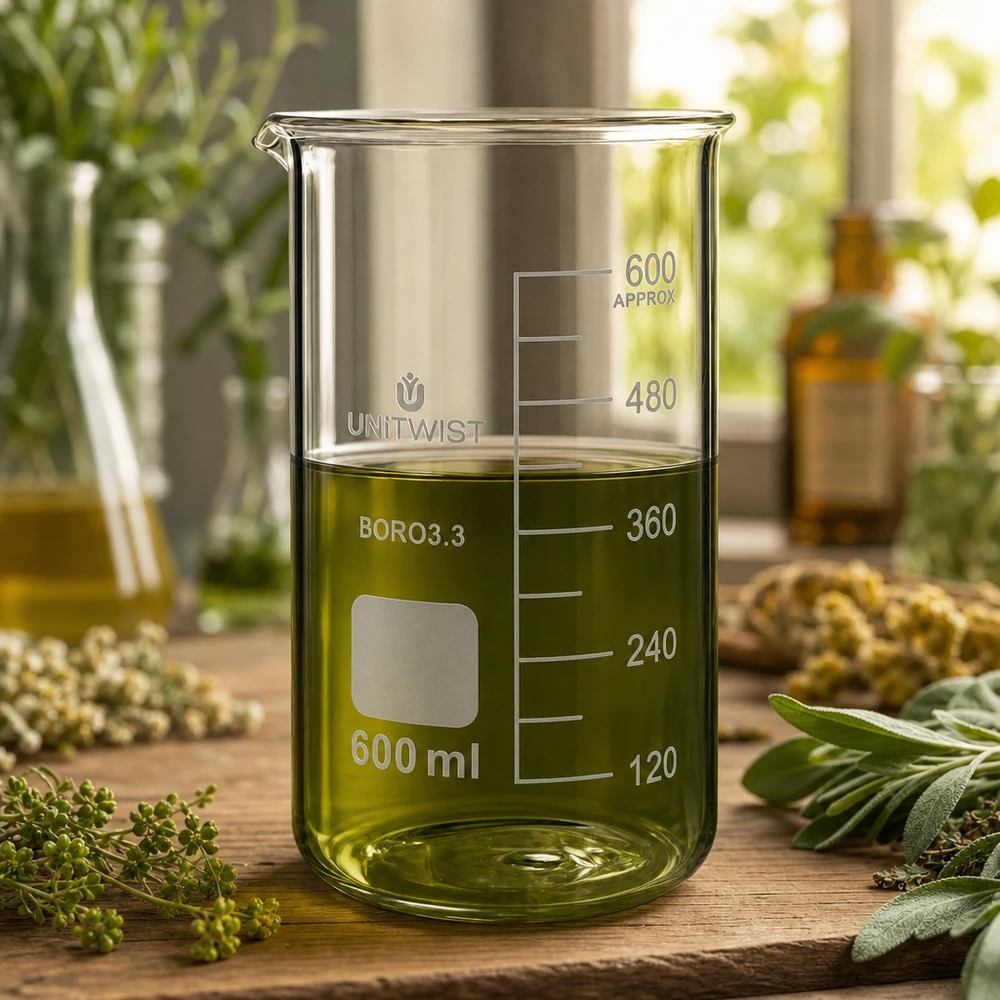 Bécher 600ml borosilicate, forme haute UNITWIST Bécher de laboratoire UNITWIST de 600 ml, de forme cylindrique haute, contenant un liquide vert, utilisé en sciences naturelles