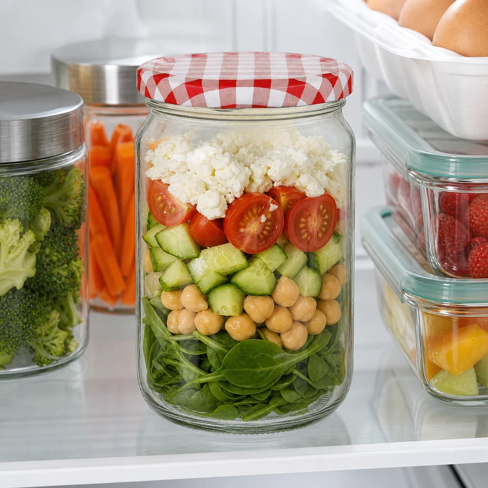 795ml Verre rond avec couvercle BasicSeal rouge/blanc UNiTWIST Bocal rond de 795 ml avec couvercle BasicSeal comme récipient Meal Prep avec salade, pois chiches et feta au réfrigérateur