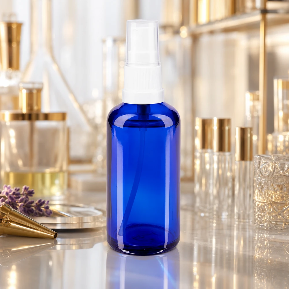 Flacon de pharmacie bleu 50ml embout spray blanc Flacon pulvérisateur en verre d'apothicaire bleu cobalt de 50 ml avec pompe blanche dans un laboratoire de parfumerie