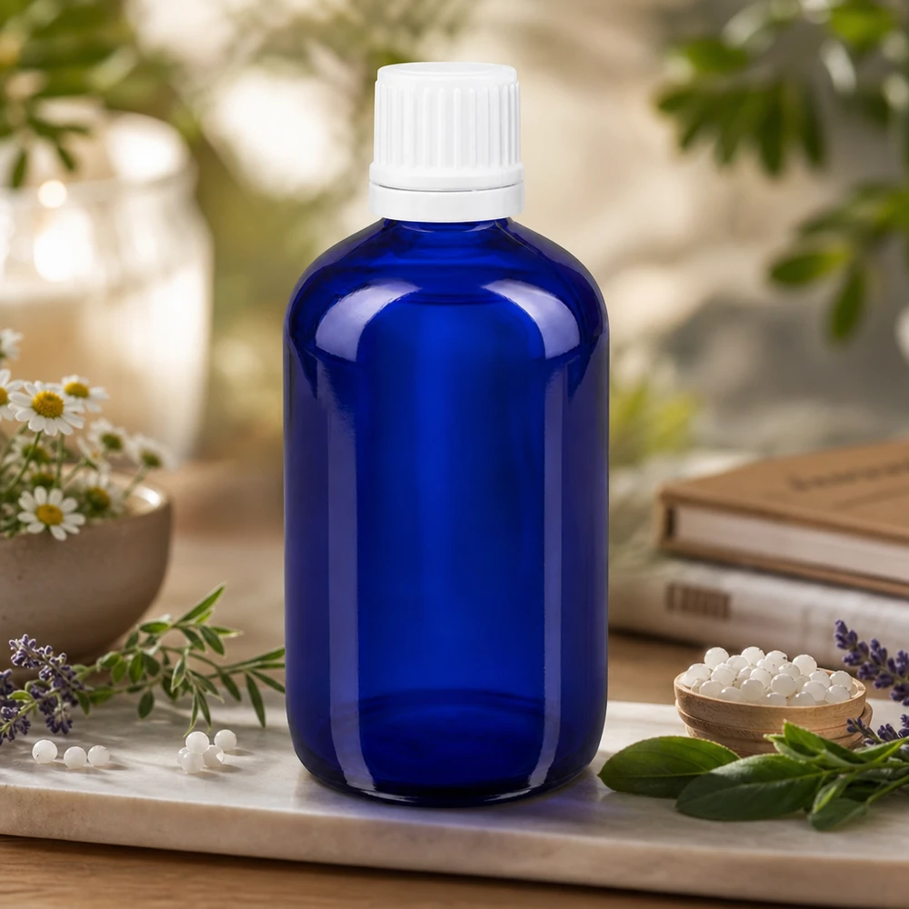 Flacon de pharmacie bleu 100ml bouchon compte-gouttes 1.2mm blanc bouchon inviolabilité Flacon homéopathique bleu de 100 ml en ApoGlas, muni d'un compte-gouttes de 0,7 mm et d'un emballage extérieur blanc, à côté des granules