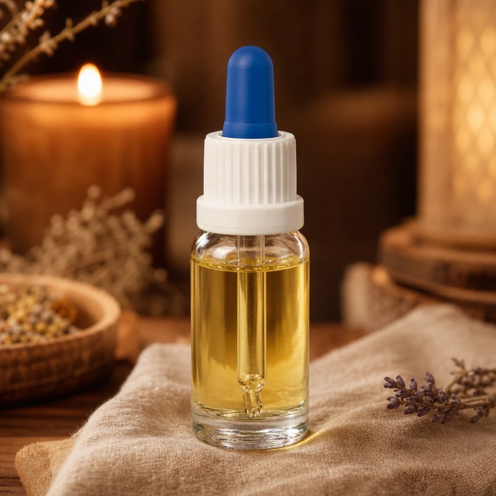Flacon compte-gouttes pour aromathérapie de 10 ml en verre transparent avec une boule en caoutchouc bleue, à côté d'une bougie et d'herbes aromatiques