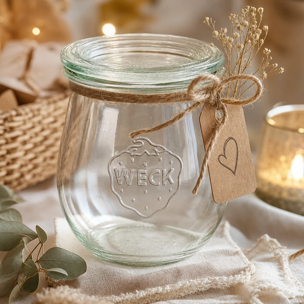 WECK Pot tulipe 220ml RR60 décoratif avec corde de jute Pendentif en papier kraft et fleurs séchées comme idée de cadeau