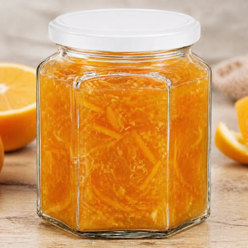 Pot à miel 400 g avec couvercle blanc BasicSeal UNiTWIST Pot de miel hexagonal de 400g rempli de marmelade d'orange à côté de tranches d'orange fraîches sur un fond en bois rustique