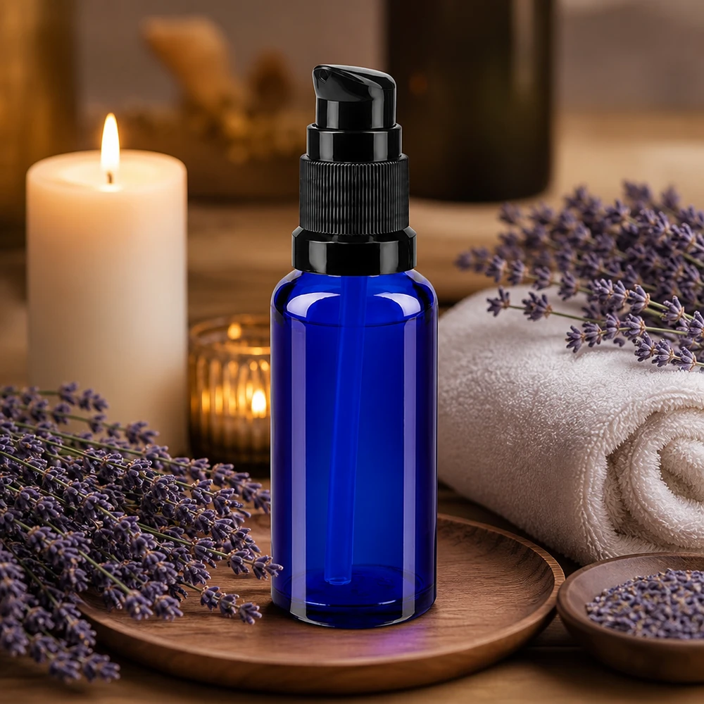 Flacon doseur en verre bleu de 30 ml avec pompe distributrice noire pour sérums et huiles