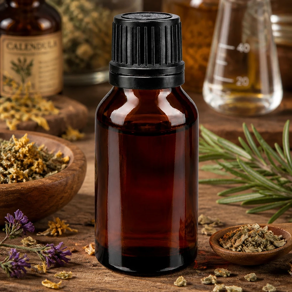 Bouteille de pharmacie brune 15ml bouchon vissable noir bouchon inviolabilité Flacon opacisé de 15 ml muni d'un anneau verseur pour huiles essentielles, à côté de la lavande et d'herbes séchées