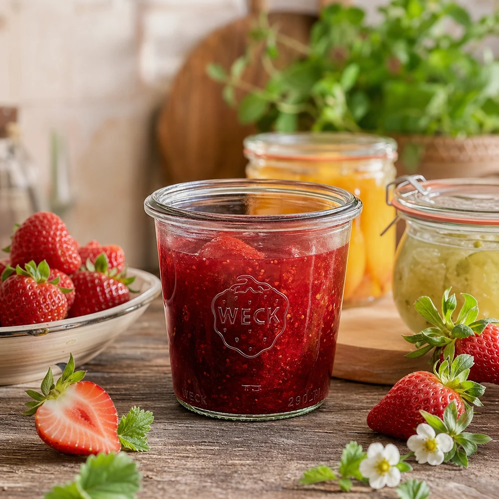 Bocal en verre de 290 ml, haut, WECK RR80 290ml WECK Pot renversé RR80 rempli de confiture de fraises à côté de fraises fraîches sur table en bois cuisine rustique