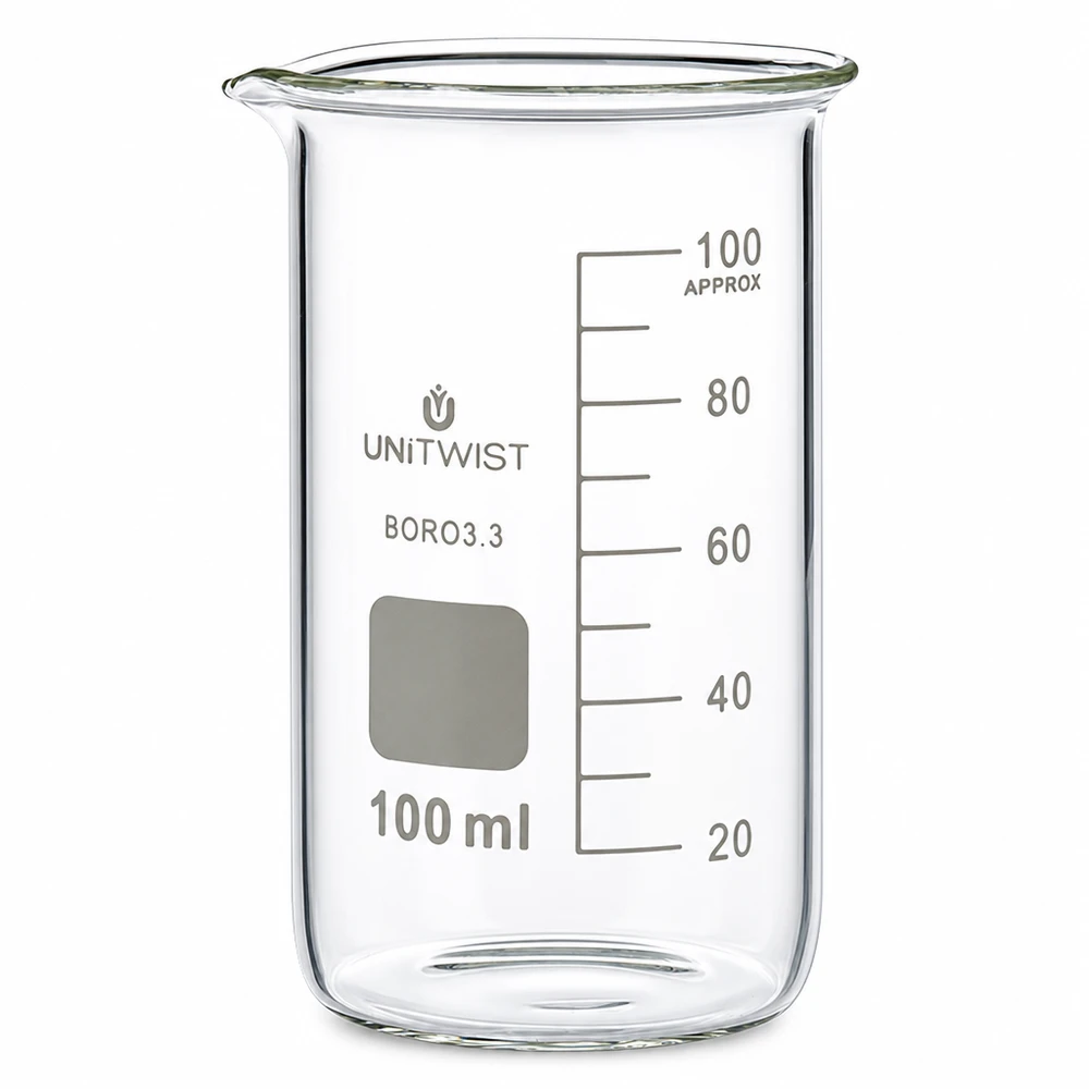 Bécher 100ml borosilicate, forme haute UNITWIST Bécher de laboratoire UNITWIST 100 ml, en borosilicate 3.3 résistant à la chaleur, forme haute, pour applications chimiques