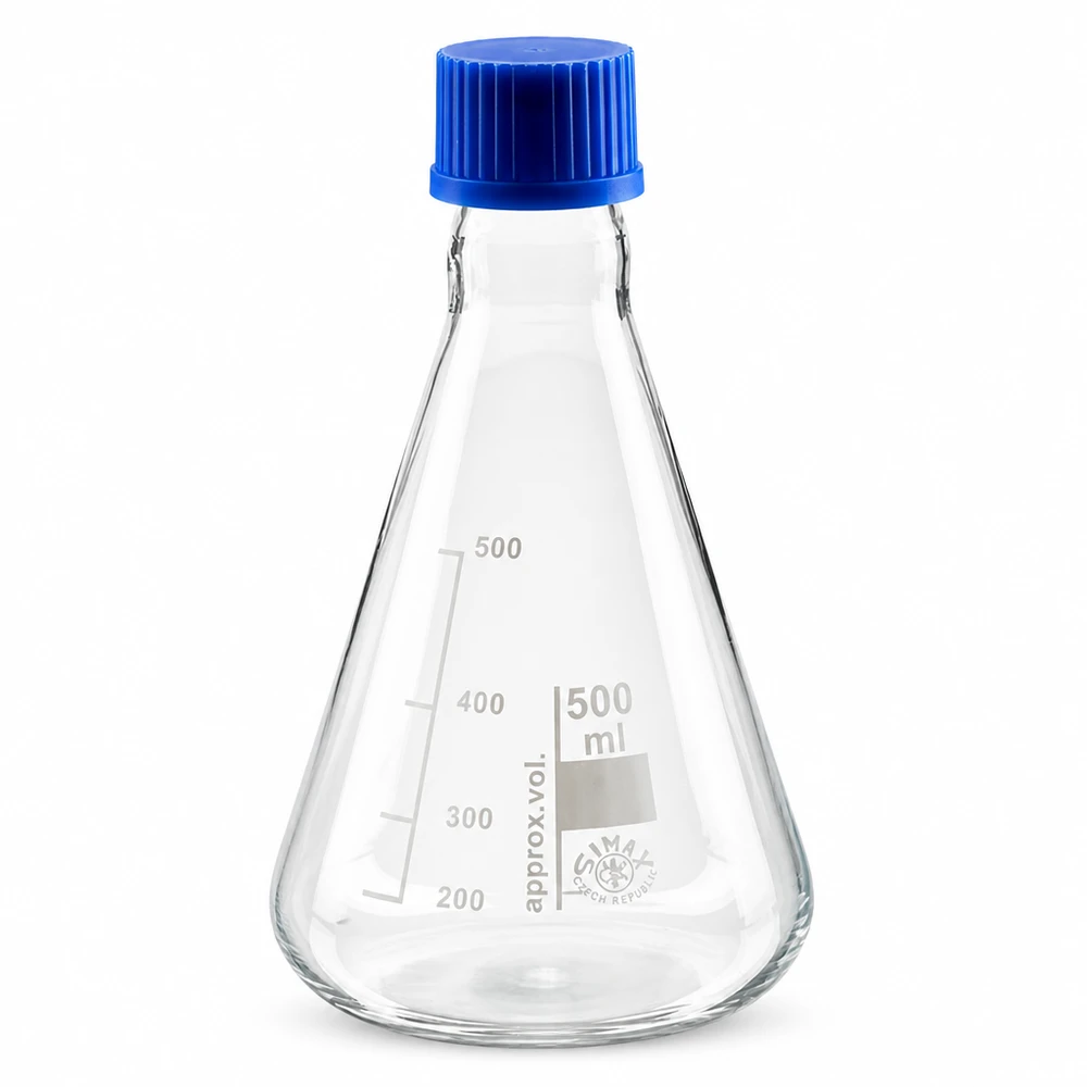 Erlenmeyer 500 ml col étroit, verre borosilicate avec filetage et bouchon Erlenmeyer conique en verre transparent avec bouchon bleu 500ml