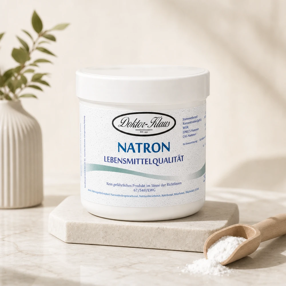 Bicarbonate de soude Doktor Klaus, en boîte blanche de 250 g, apte à l’utilisation alimentaire Bicarbonate de sodium Doktor Klaus 250g en poudre dans une boîte refermable pour un nettoyage écologique