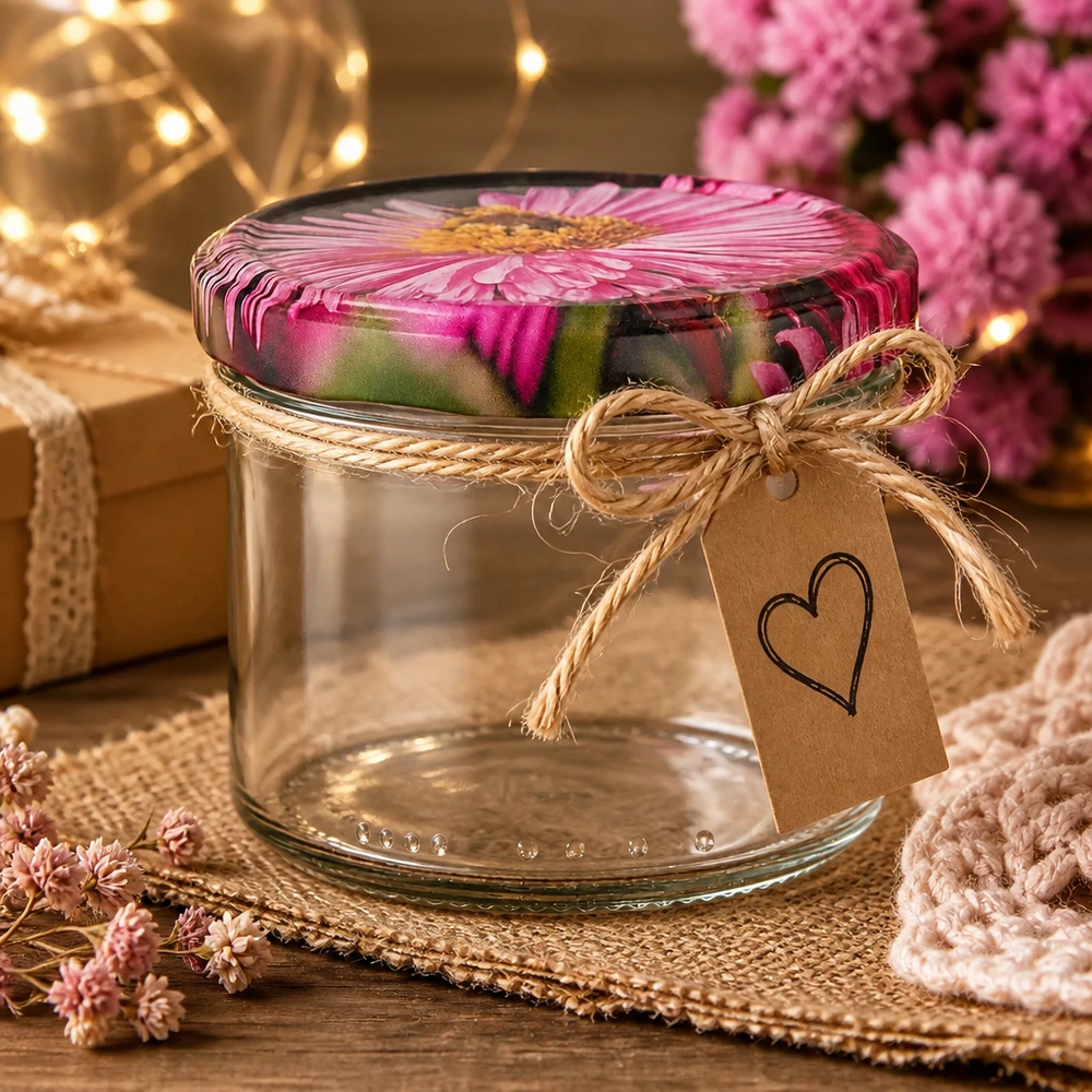 230ml Verre cylindrique vec couvercle BasicSeal decor floral UNiTWIST Verre cylindrique 230ml décoratif avec fleurs et pendentif en forme de cœur BasicSeal Idée cadeau