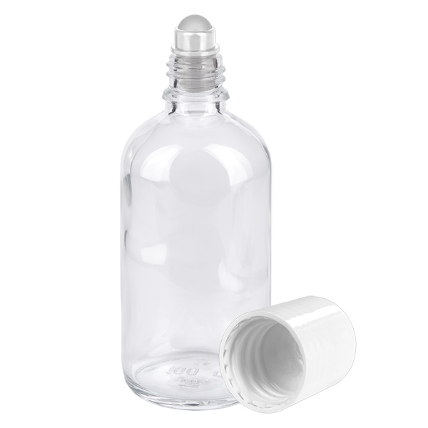 Flacon Roll-On 100ml blanc STD ClearLine UT18/100 Flacon en verre de 100 ml avec bille roulante et bouchon à vis blanc ClearLine UT18/100
