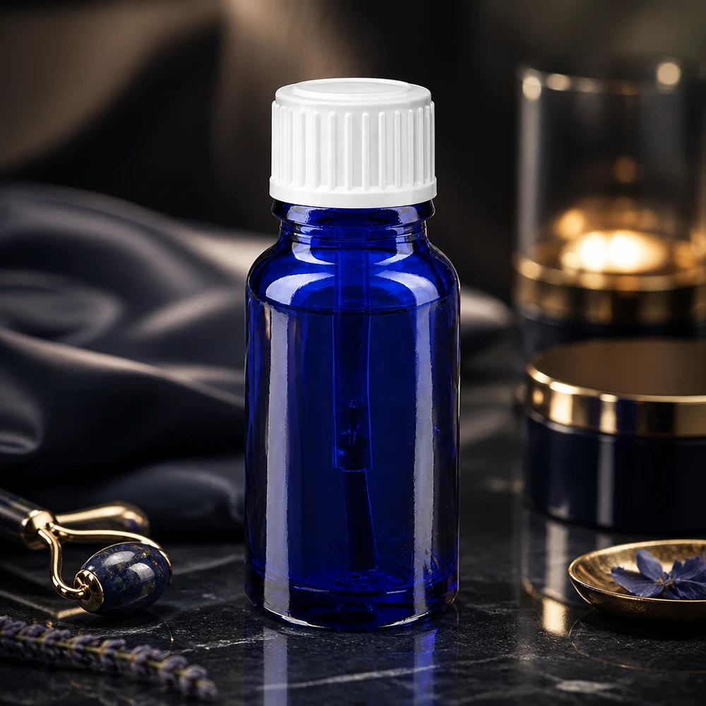 Flacon de pharmacie bleu 10ml bouchon vissable blanc pinceau Flacon compact de 10 ml avec pinceau, de couleur bleue sur fond marbré noir, rehaussé de touches dorées