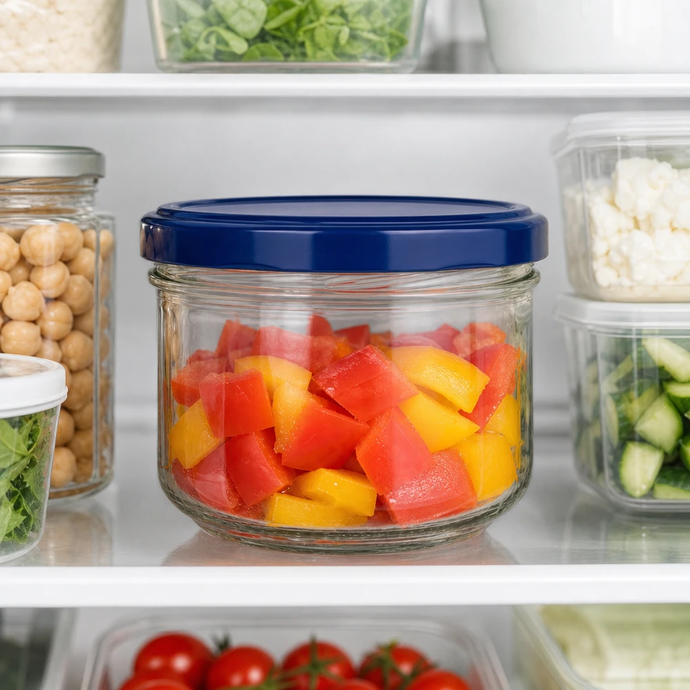 260ml Verre conique avec couvercle BasicSeal bleu UNiTWIST Verre renversé BasicSeal bleu de 260 ml rempli de morceaux de poivrons dans le réfrigérateur - conservation pratique des légumes