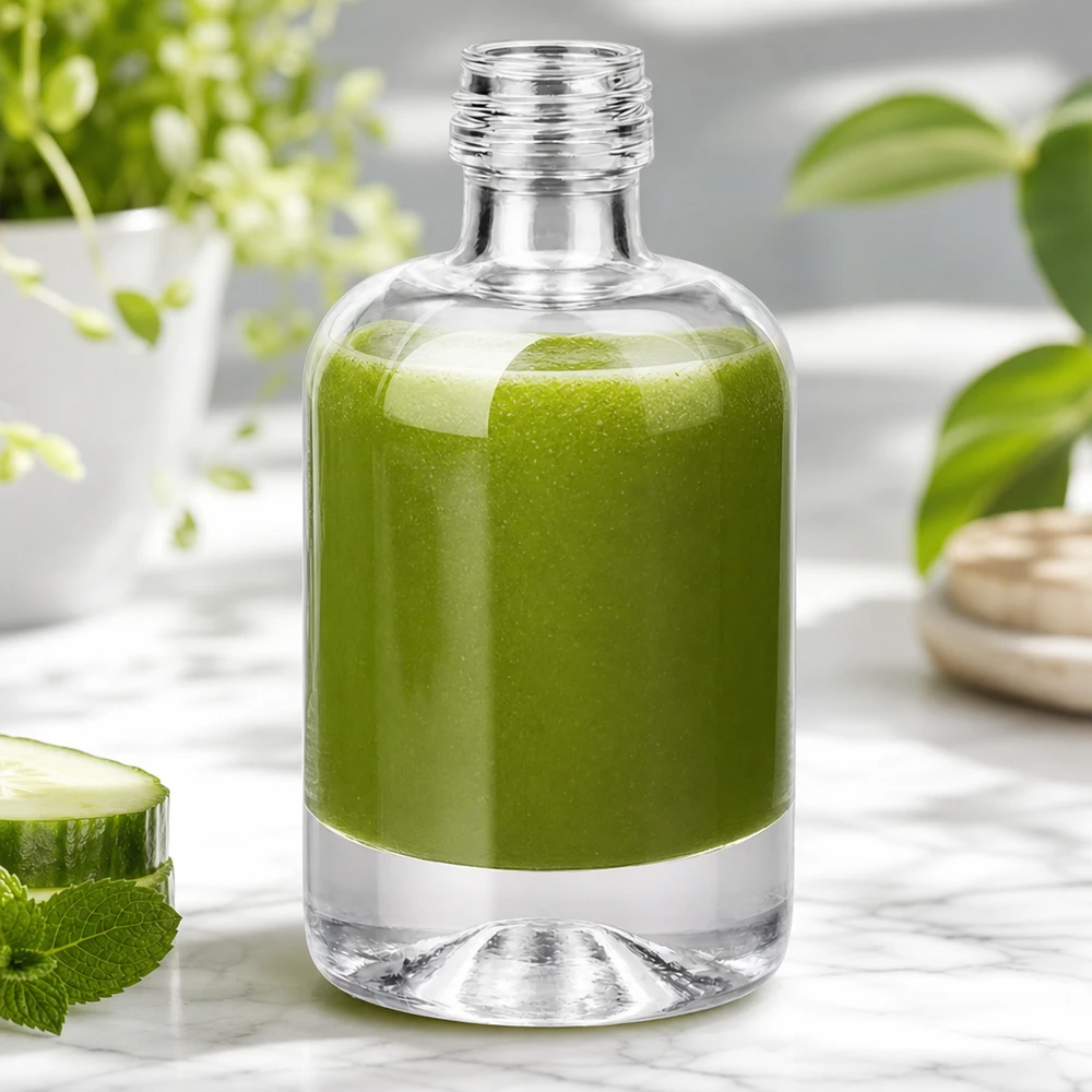 Bouteille en verre Sara de 40 ml remplie de smoothie vert à côté du concombre et de la menthe montre une application cosmétique naturelle