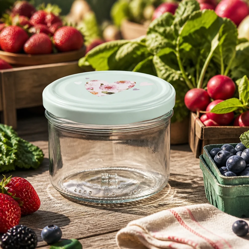 Pot cylindrique de 230 ml + couvercle BasicSeal cur menthe Pot cylindrique 230ml avec couvercle BasicSeal Cœur menthe entre baies fraîches Radis et myrtilles sur table en bois