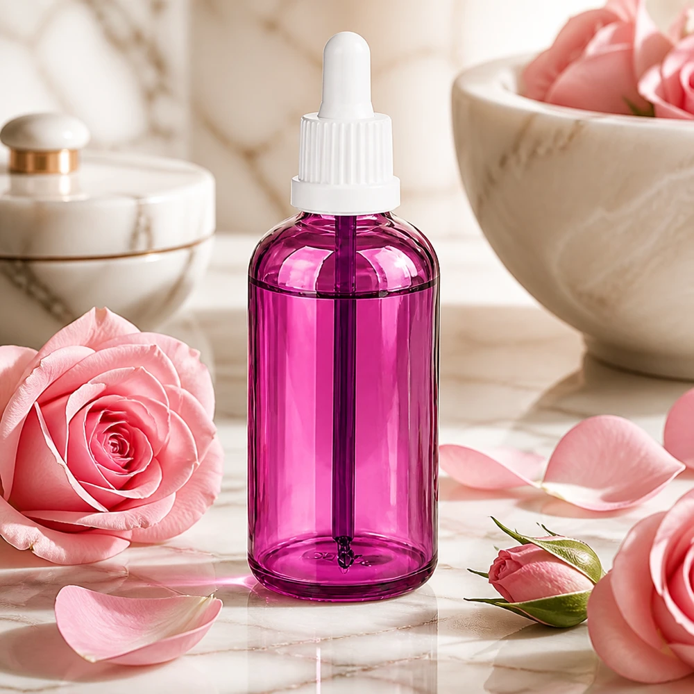Flacon pipette 100ml blanc originalité bouchon à vis PurpleLine UT18/100 Bouteille cosmétique 100ml avec pipette en verre violet pour les soins professionnels de la peau