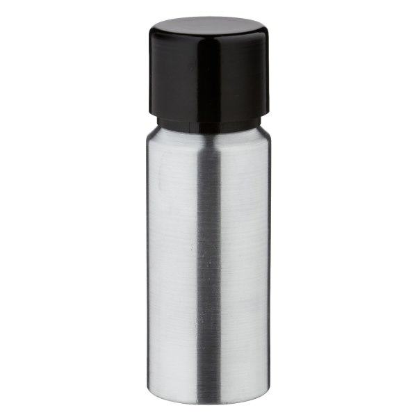 Bouteille en aluminium poncé 20 ml, avec bouchon à vis noir et joint conique