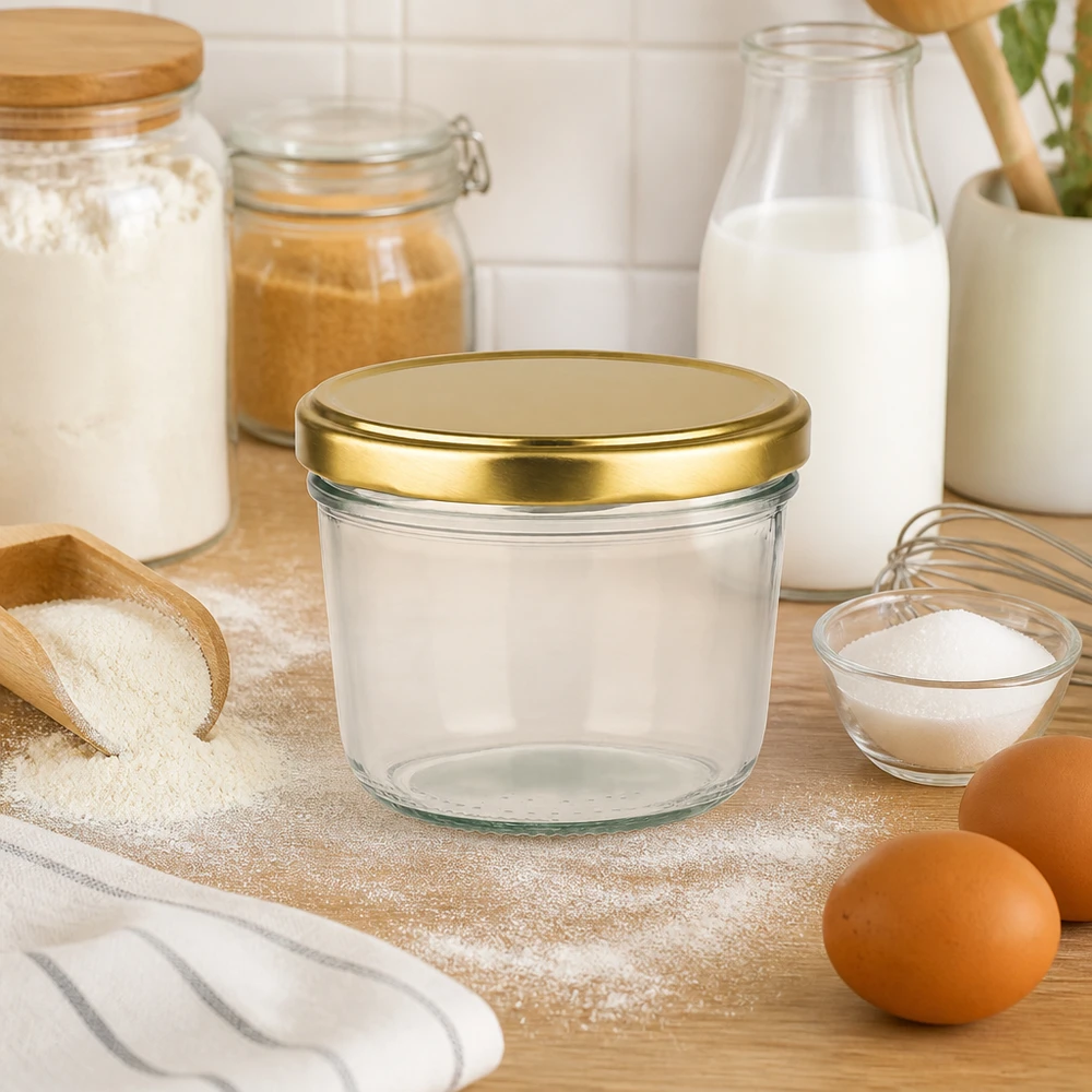 230ml Verre conique avec couvercle BasicSeal or UNiTWIST Verre renversé de 230 ml avec couvercle doré dans la cuisine entre les ingrédients de cuisson comme la farine, le lait et les œufs sur une planche en bois