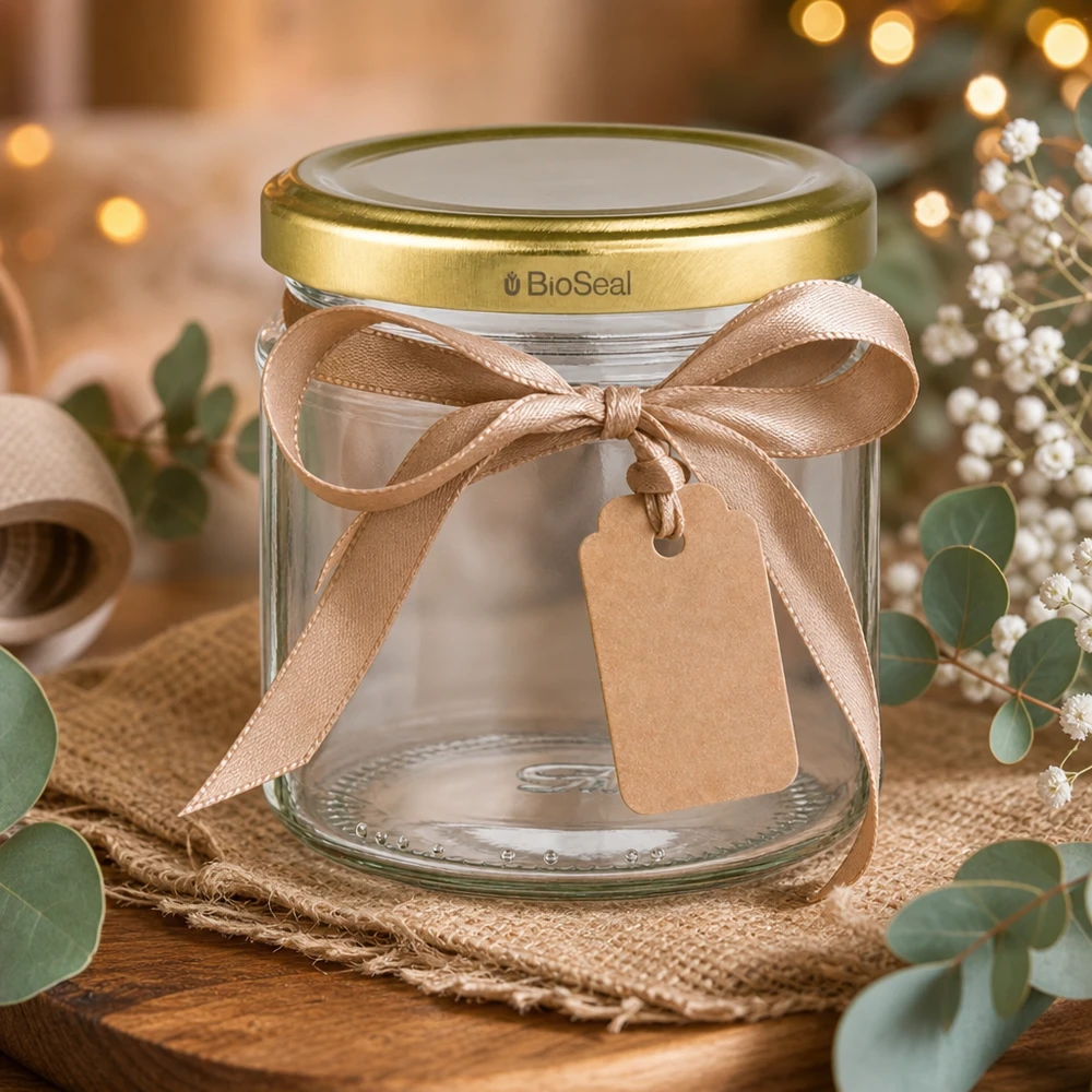 212ml Verre rond avec couvercle BioSeal or UNiTWIST UNiTWIST Rundglas 212ml mit goldenem BioSeal Deckel als Geschenkverpackung mit Schleife und Anhänger dekoriert