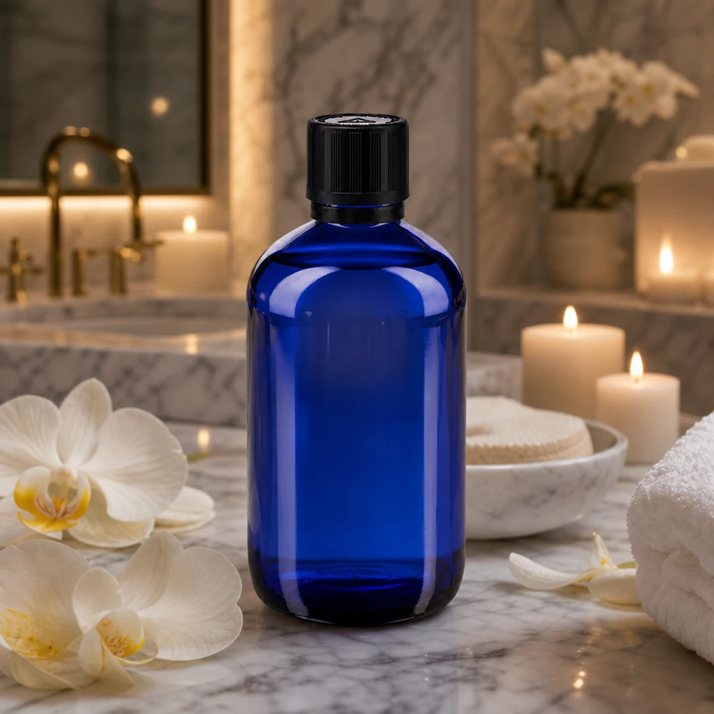 Flacon de pharmacie bleu 100ml bouchon inviolable 1mm noir sécurité enfant adapté aux aveugles bouchon inviolabilité Flacon en verre d'apothicaire bleu cobalt de 100 ml avec bouchon compte-gouttes noir, dans une ambiance spa élégante