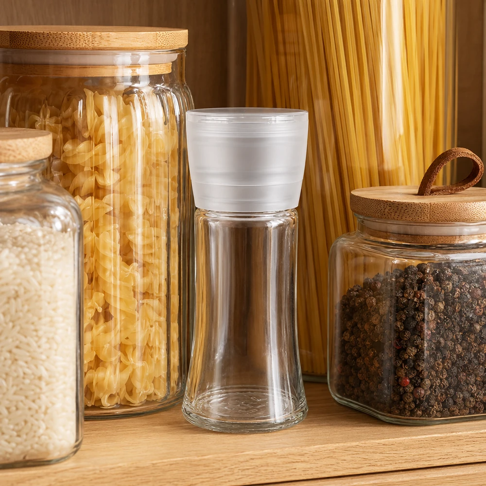 Pot à sel/épices 95 ml avec moulin Vario blanc Pot à épices de 95 ml avec moulin blanc « Vario », posé sur une étagère de cuisine entre les pâtes, le riz et les grains de poivre