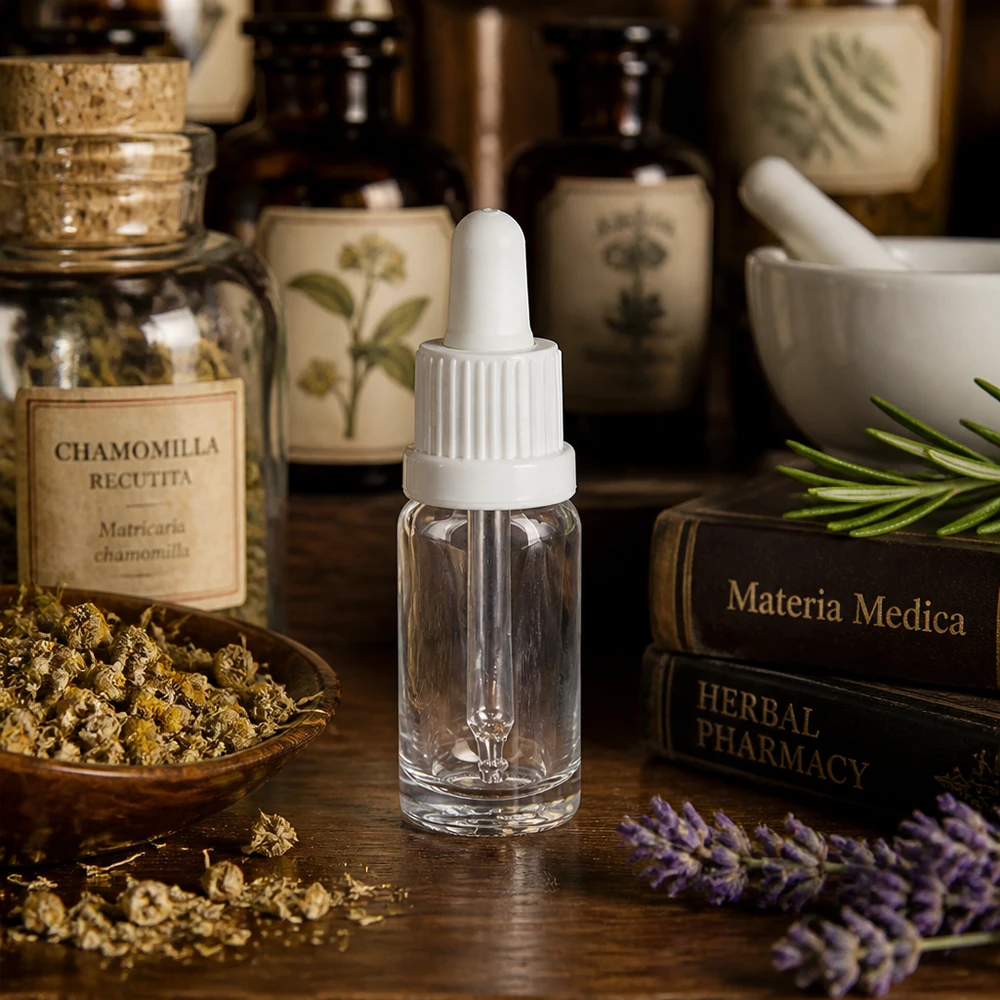 Flacon à pipette 10ml blanc OV ClearLine UT18/10 Flacon-pipette de 10 ml en verre transparent muni d'un bouchon doseur blanc, contenant des herbes séchées et des plantes médicinales